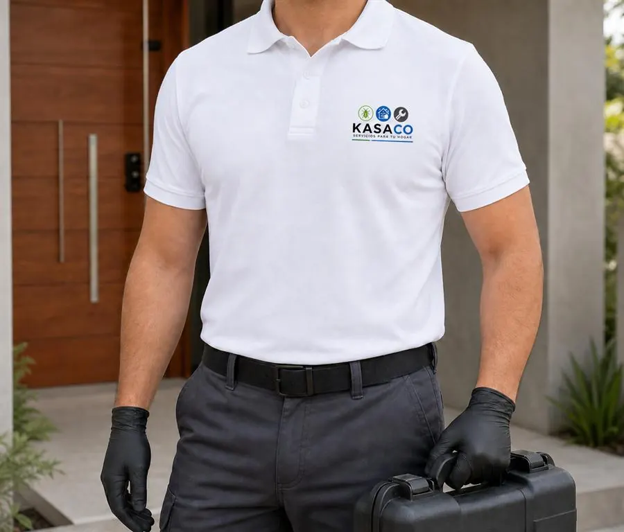 Fumigador de KASAco con la polera de la marca y maletín de trabajo